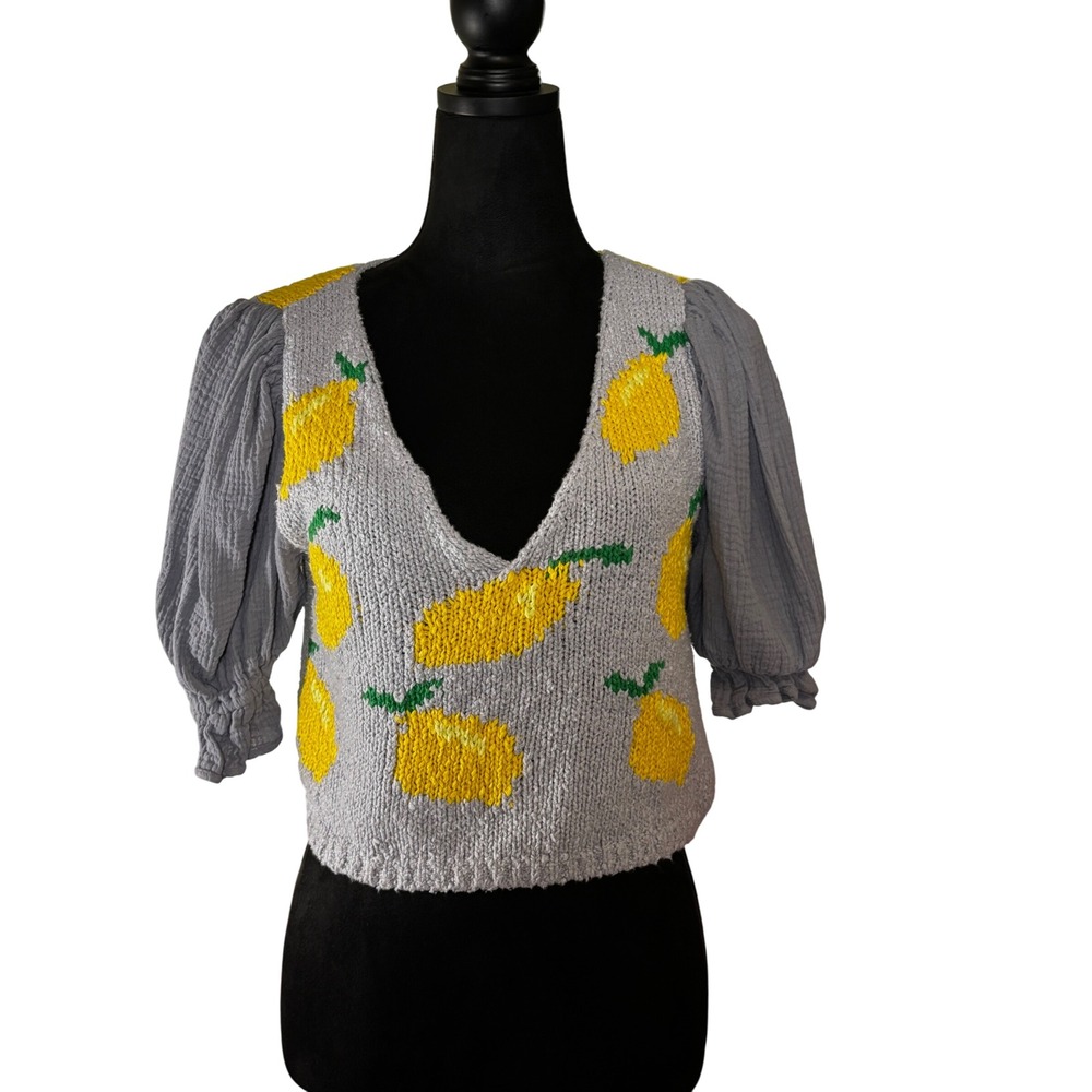 Free People Lemon Knit Cropped Sweater Top Puff Sleeve Gray‎ Yellow S